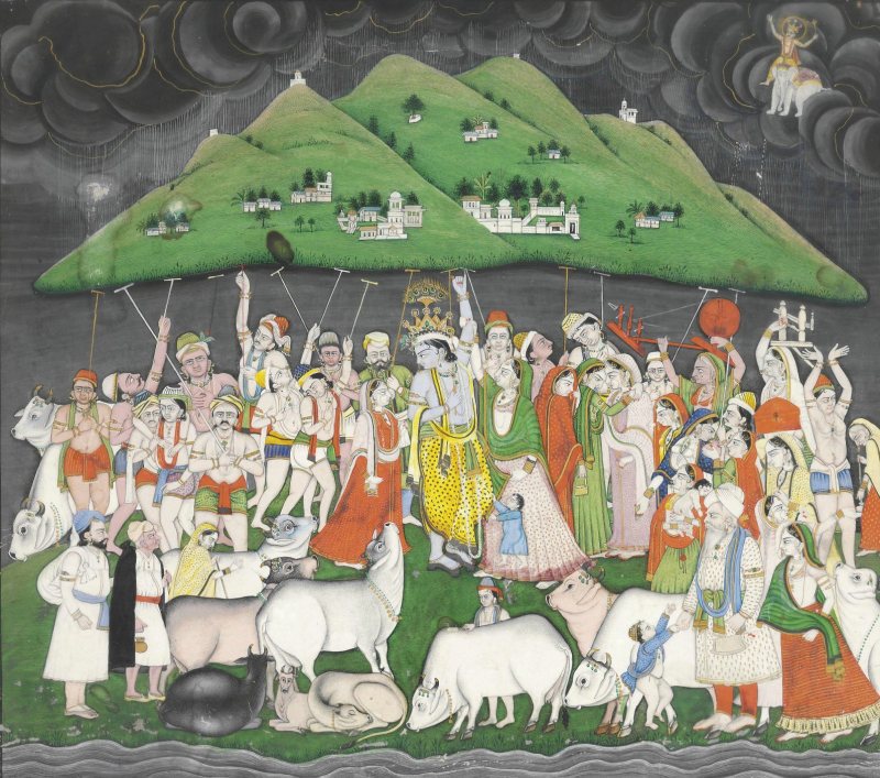 Krishna hebt den Berg Govardhana empor, Indien ca. 1800