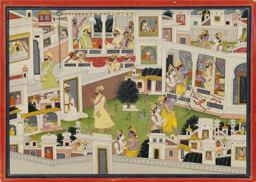 Krishna und Balarama in Mathura bei Kansa, Zerbrechen des Bogens, Indien ca.1800 Krishna und Balarama in Mathura bei Kansa, Zerbrechen des Bogens, Indien ca.1800