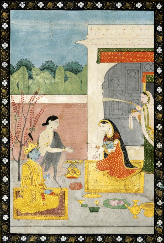 Krishna, Satyabhama und Narada mit dem Parijata Baum w�hrend der Initiation zum Punyaka Gel�bde, ca.1810, India, Kangra