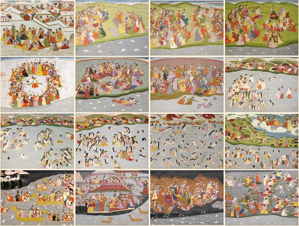 Diese Illustrationen zum Harivamsha entstanden angeblich um 1820 in Kangra oder Guler. Es sind Aquarelle mit Gold auf Papier, und sie zeigen offenbar eine leicht andere Version dieser Geschichte aus dem Harivamsha. Zum Vergr��ern bitte anklicken.