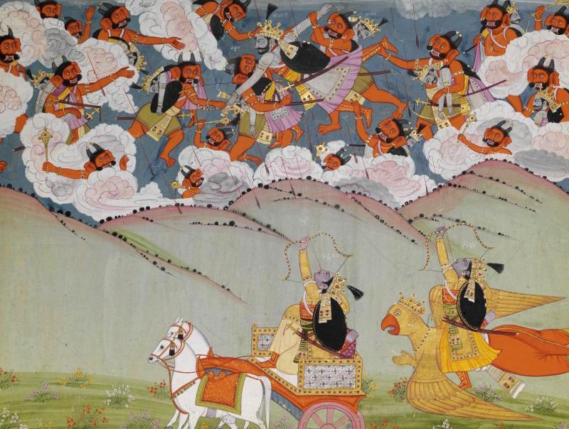 Arjuna wird von zahllosen Nikumbhas in die Luft gezogen, Aquarell ca.1820 Arjuna wird von zahllosen Nikumbhas in die Luft gezogen, Aquarell ca.1820