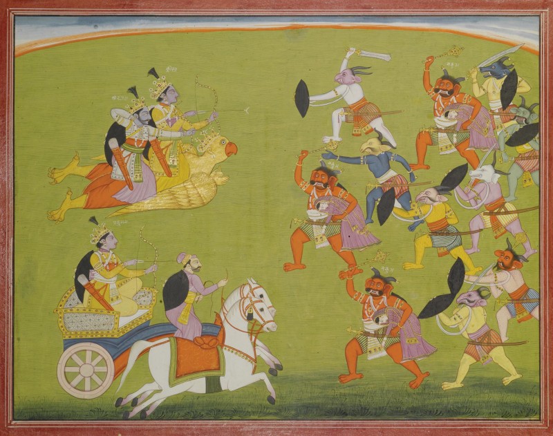 Krishna, Arjuna und Pradyumna im Kampf gegen den dreifach geteilten Nikumbha, Aquarell ca.1820 Krishna, Arjuna und Pradyumna im Kampf gegen den dreifach geteilten Nikumbha, Aquarell ca.1820
