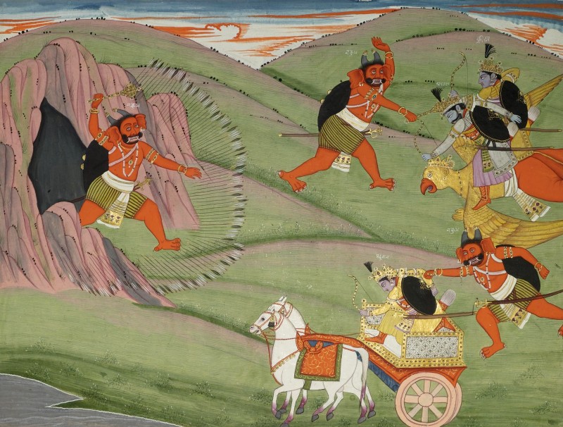 Arjuna und Pradyumna werden von der Keule Nikumbhas getroffen, Aquarell ca.1820 Arjuna und Pradyumna werden von der Keule Nikumbhas getroffen, Aquarell ca.1820